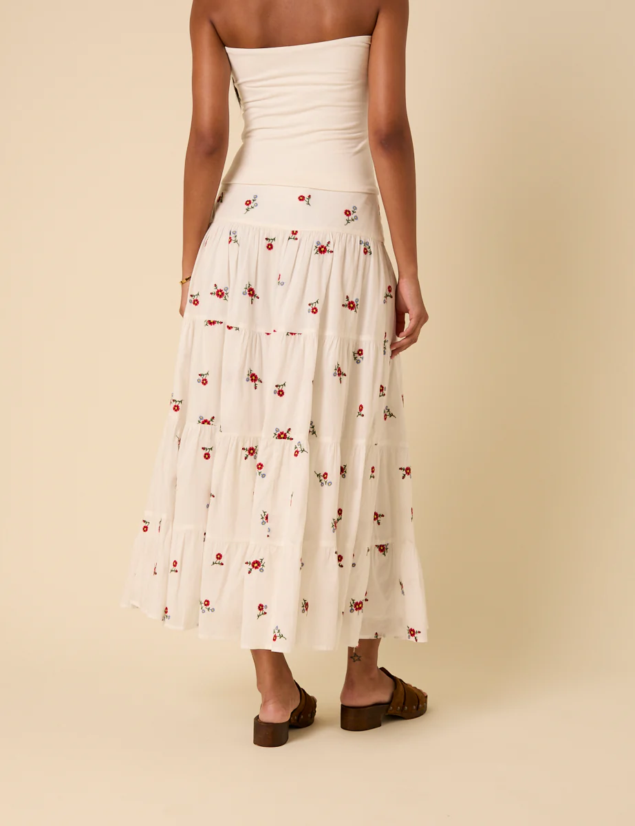 White Tiered Floral Embroidered Midi Skirt - Image 5