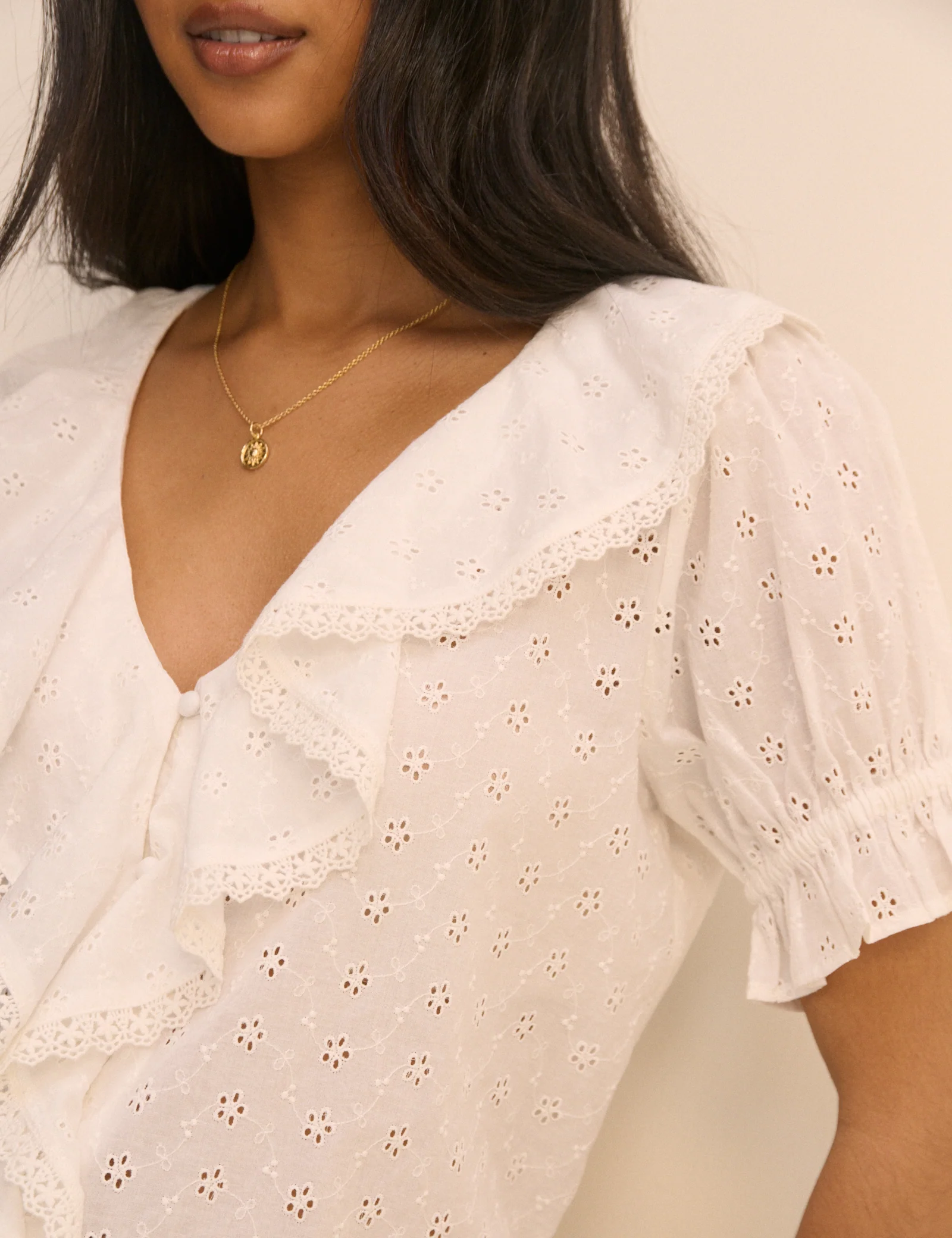 White Floral Broderie Ruffle Trim Top - Image 3