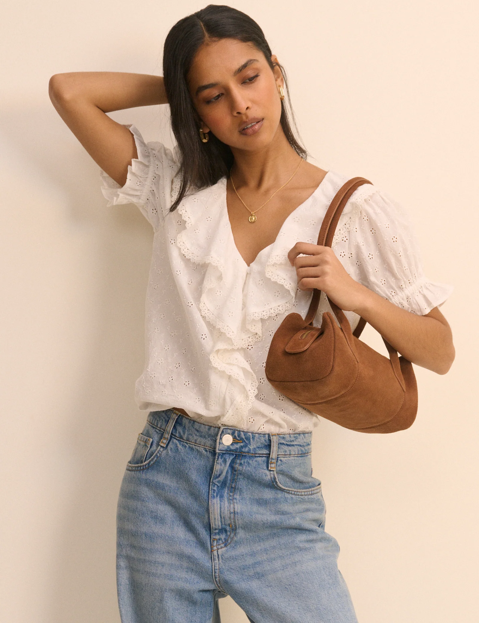 White Floral Broderie Ruffle Trim Top - Image 4