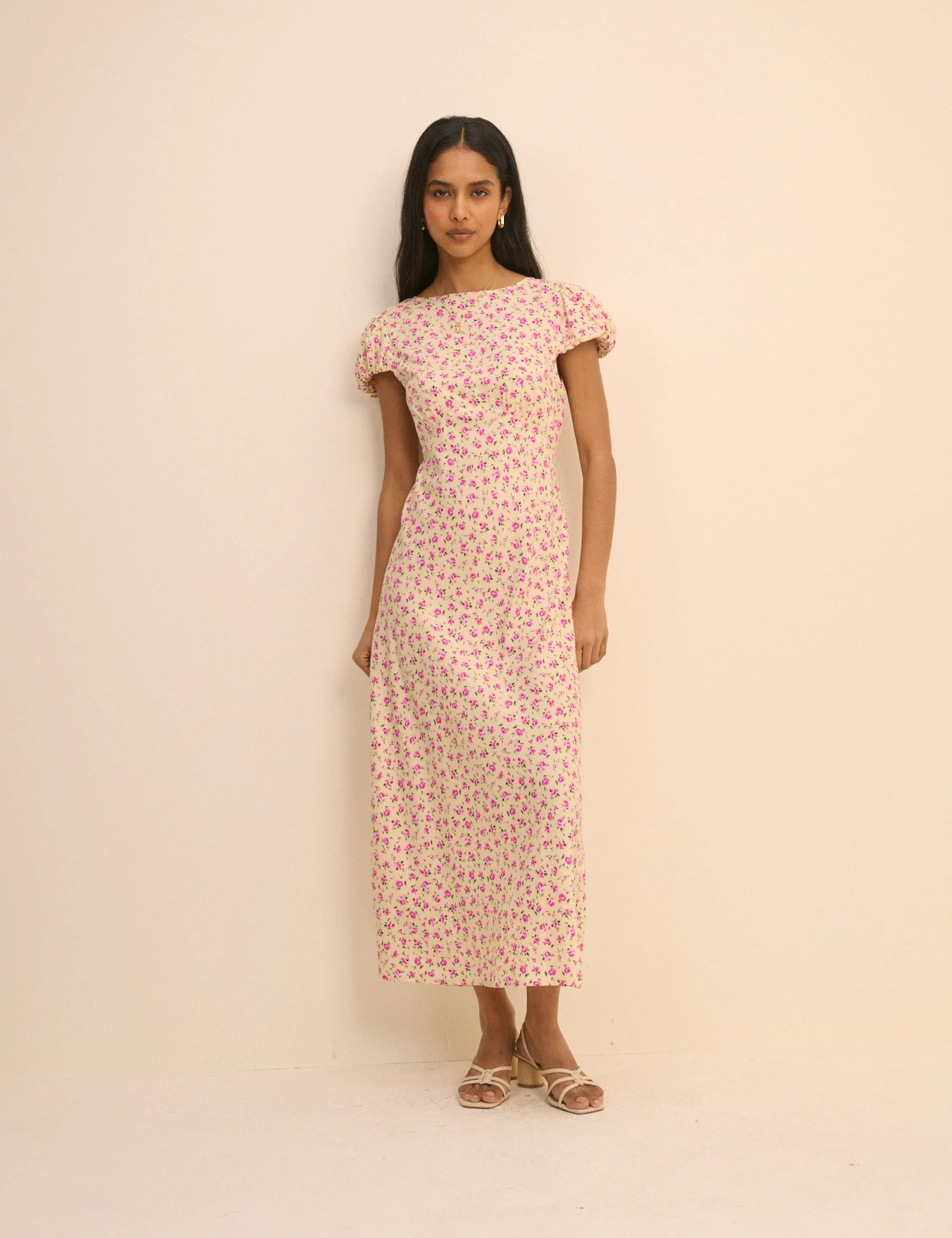 Cream and Pink Floral Willow Midi Dress