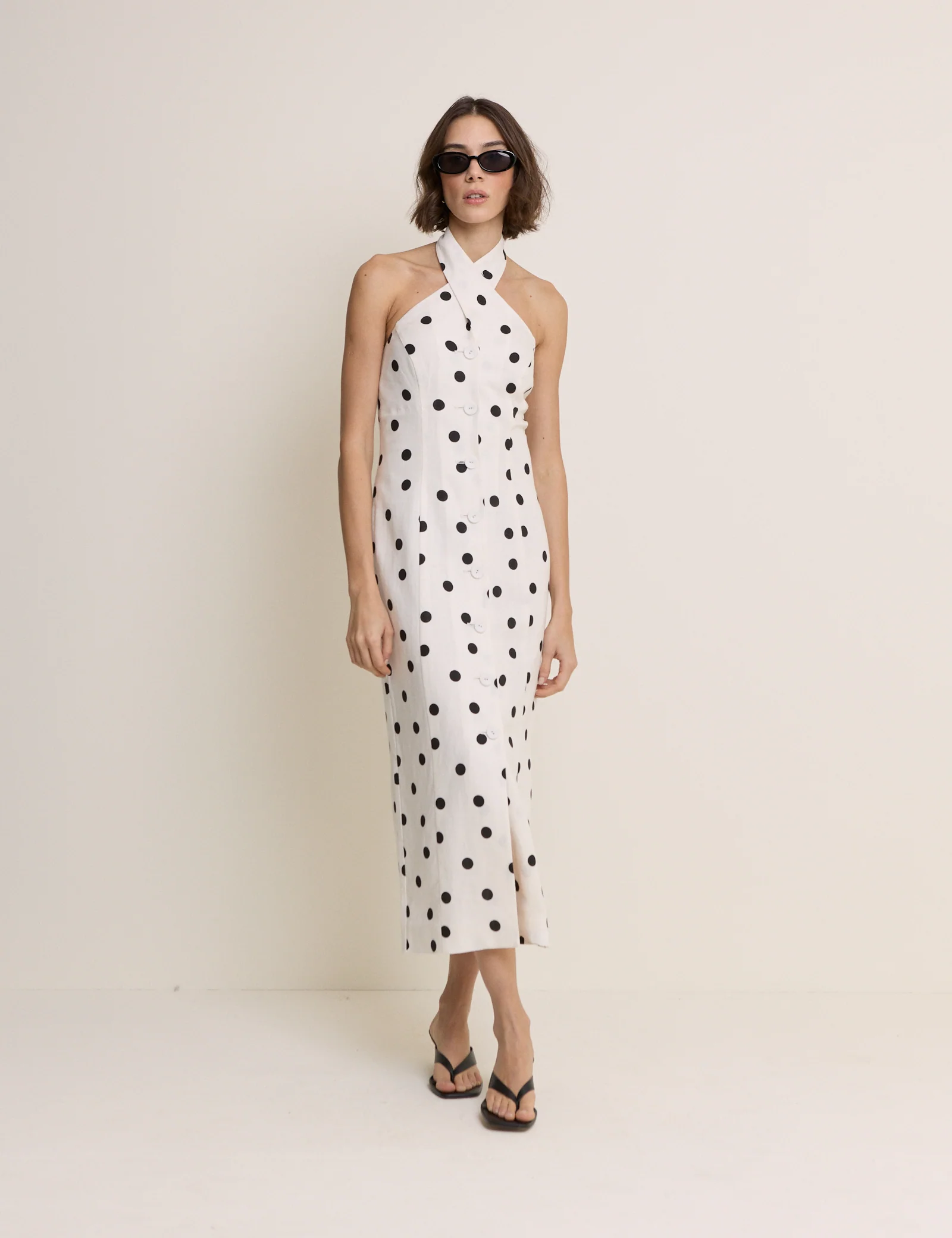 Polka Dot Wrap Neck Tailored Midi Dress