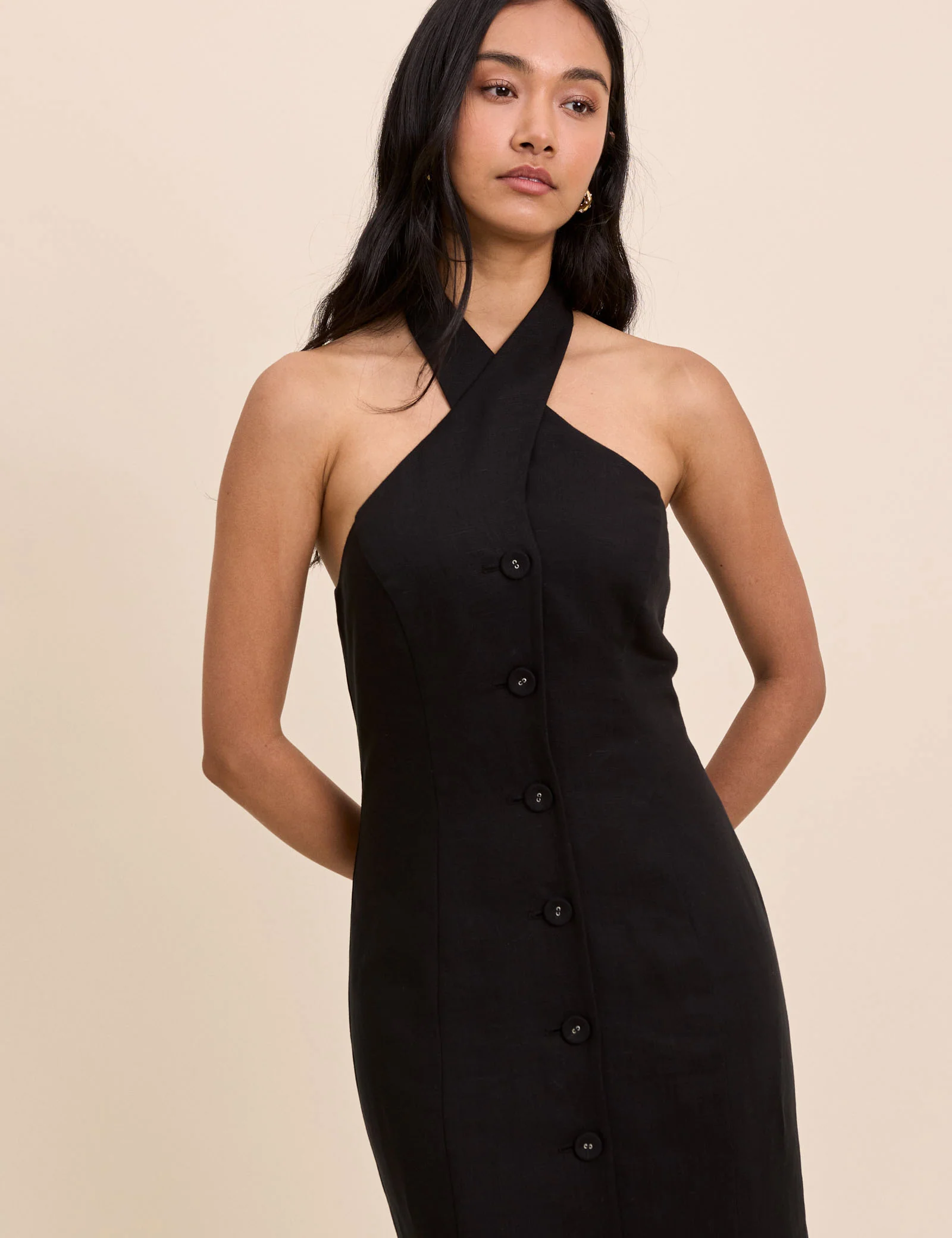 Black Wrap Neck Tailored Midi Dress - Image 2