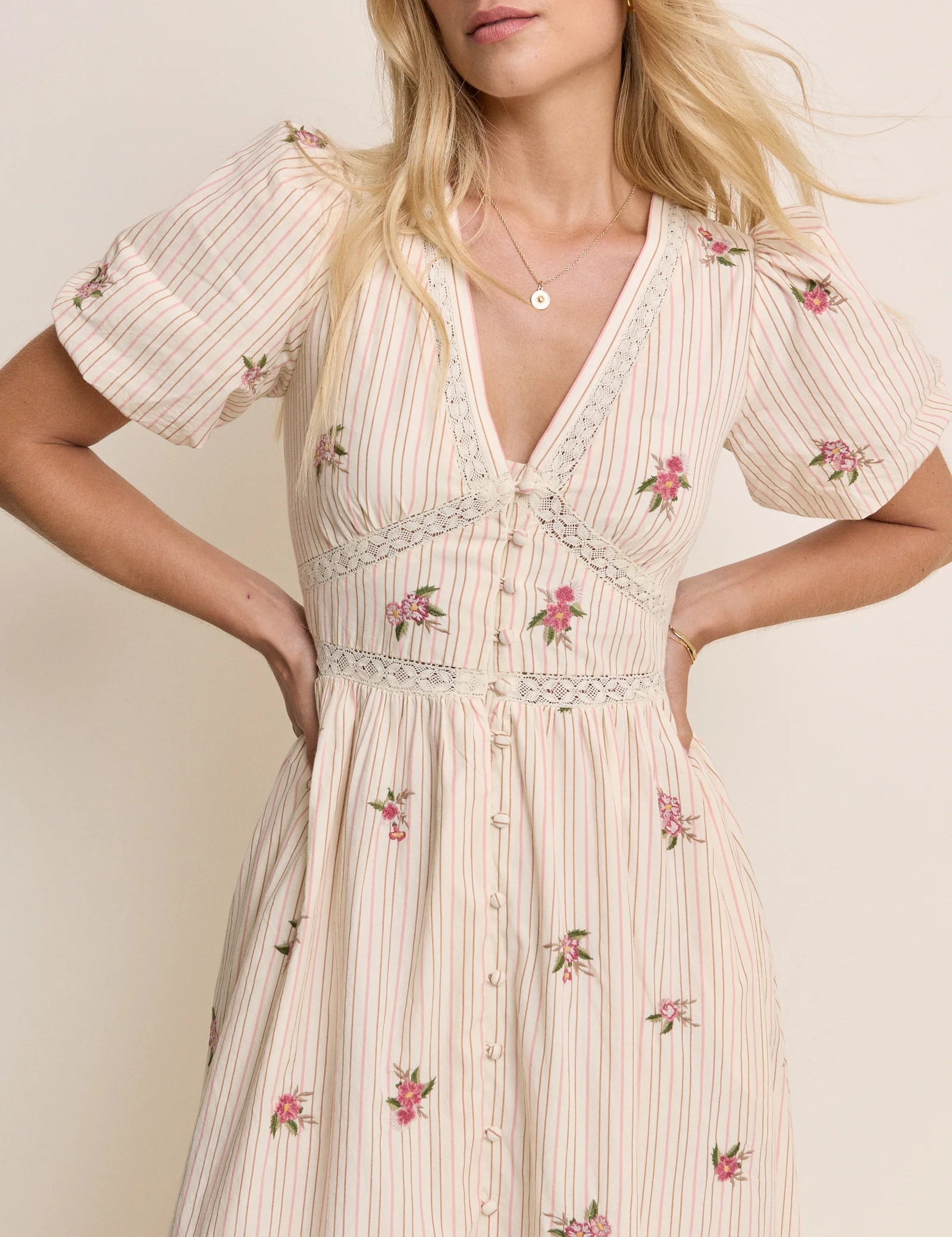 Light Pink Striped Puff Sleeve Yardley Midi Dress - Image 2
