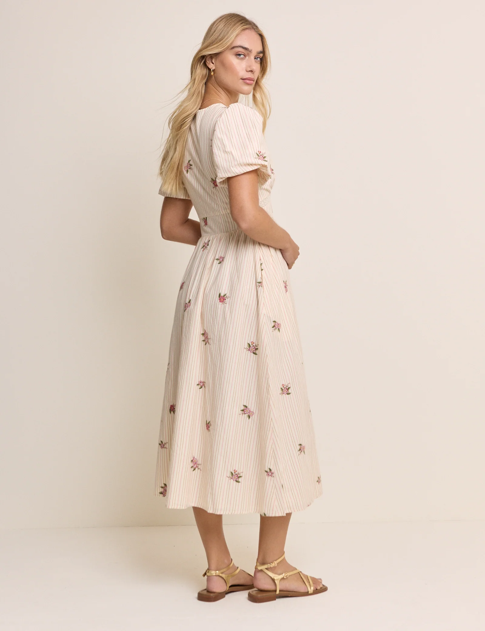 Light Pink Striped Puff Sleeve Yardley Midi Dress - Image 5