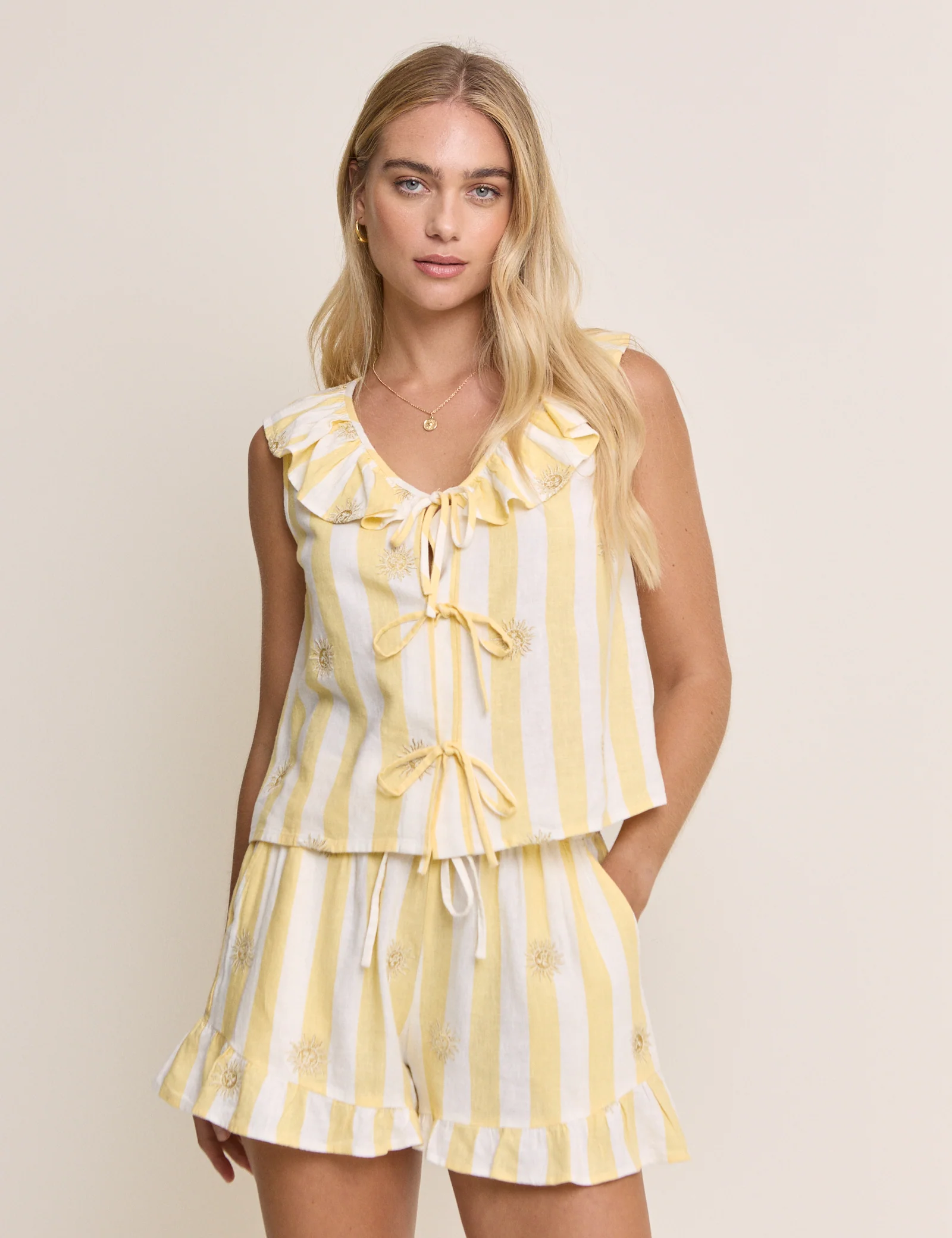 Yellow Striped Tie Front Linen-Blend Top - Image 3
