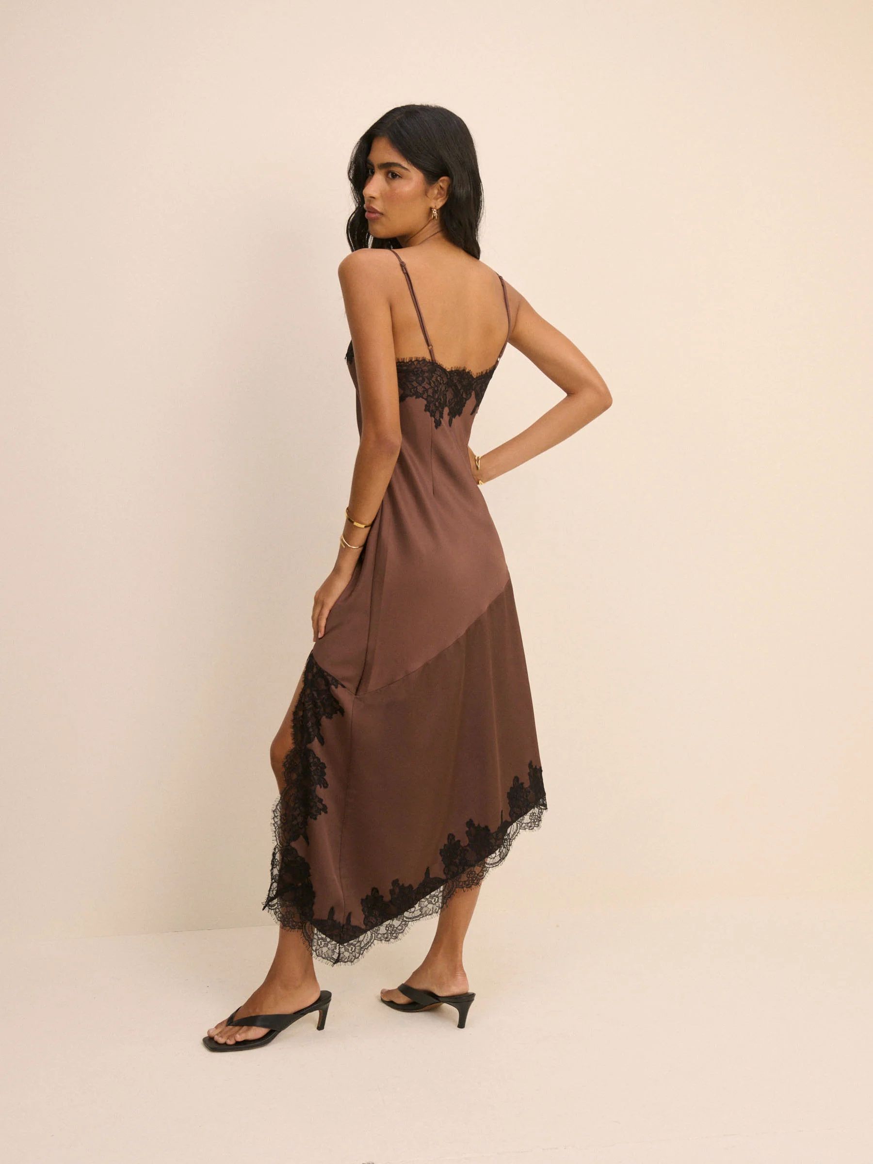 Brown Lace Trim Satin Slip Dress - Image 5
