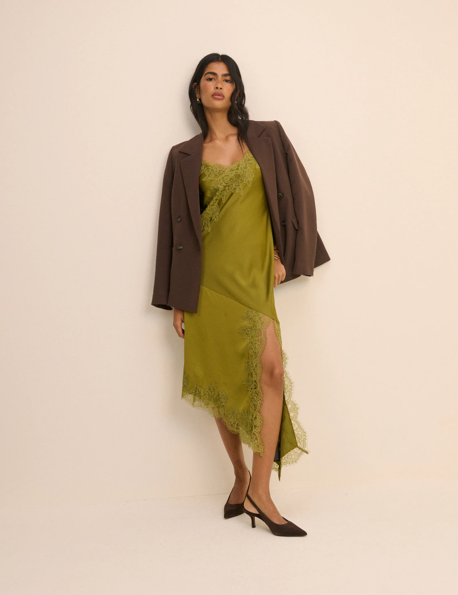 Green Lace Trim Satin Slip Dress - Image 4