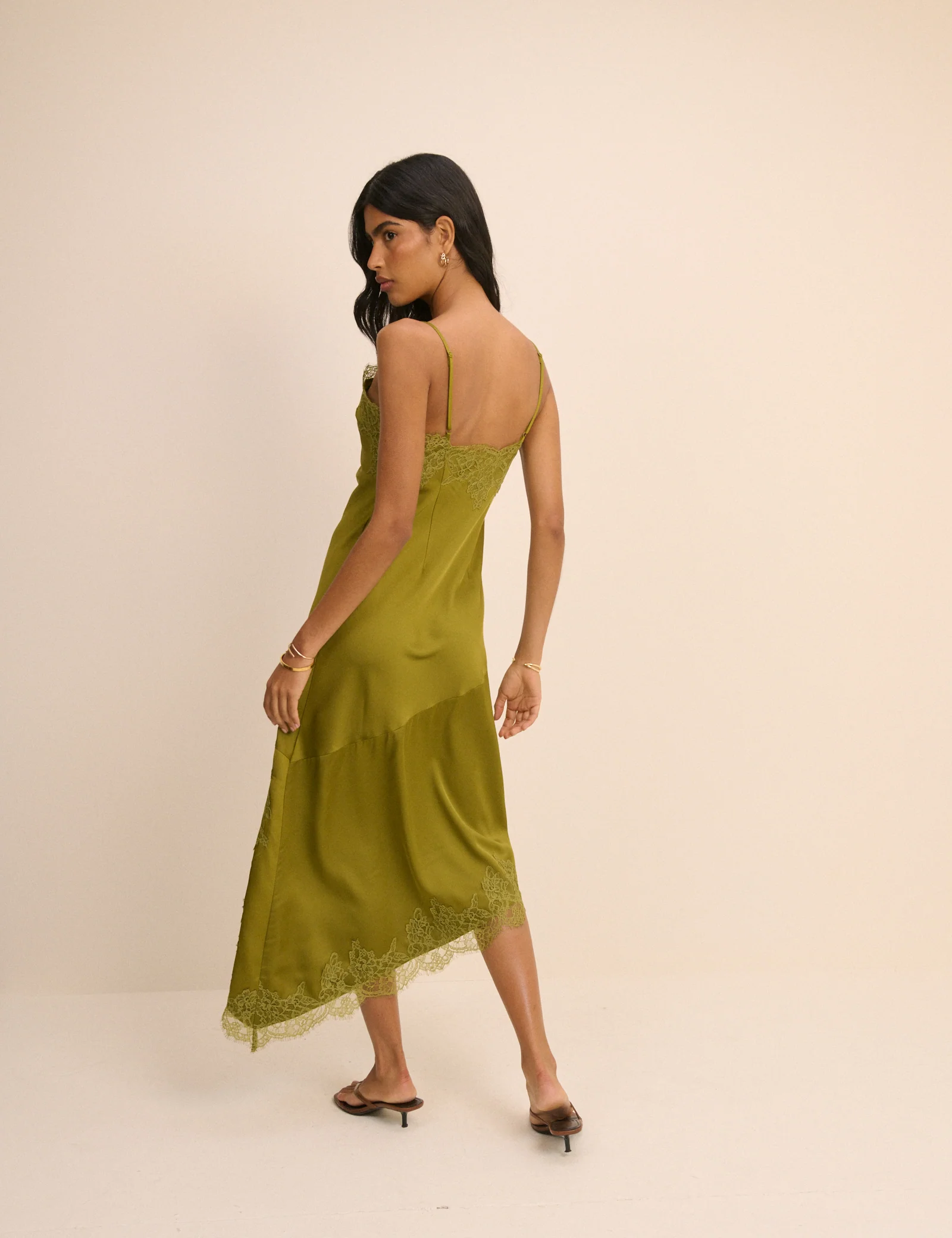 Green Lace Trim Satin Slip Dress - Image 5
