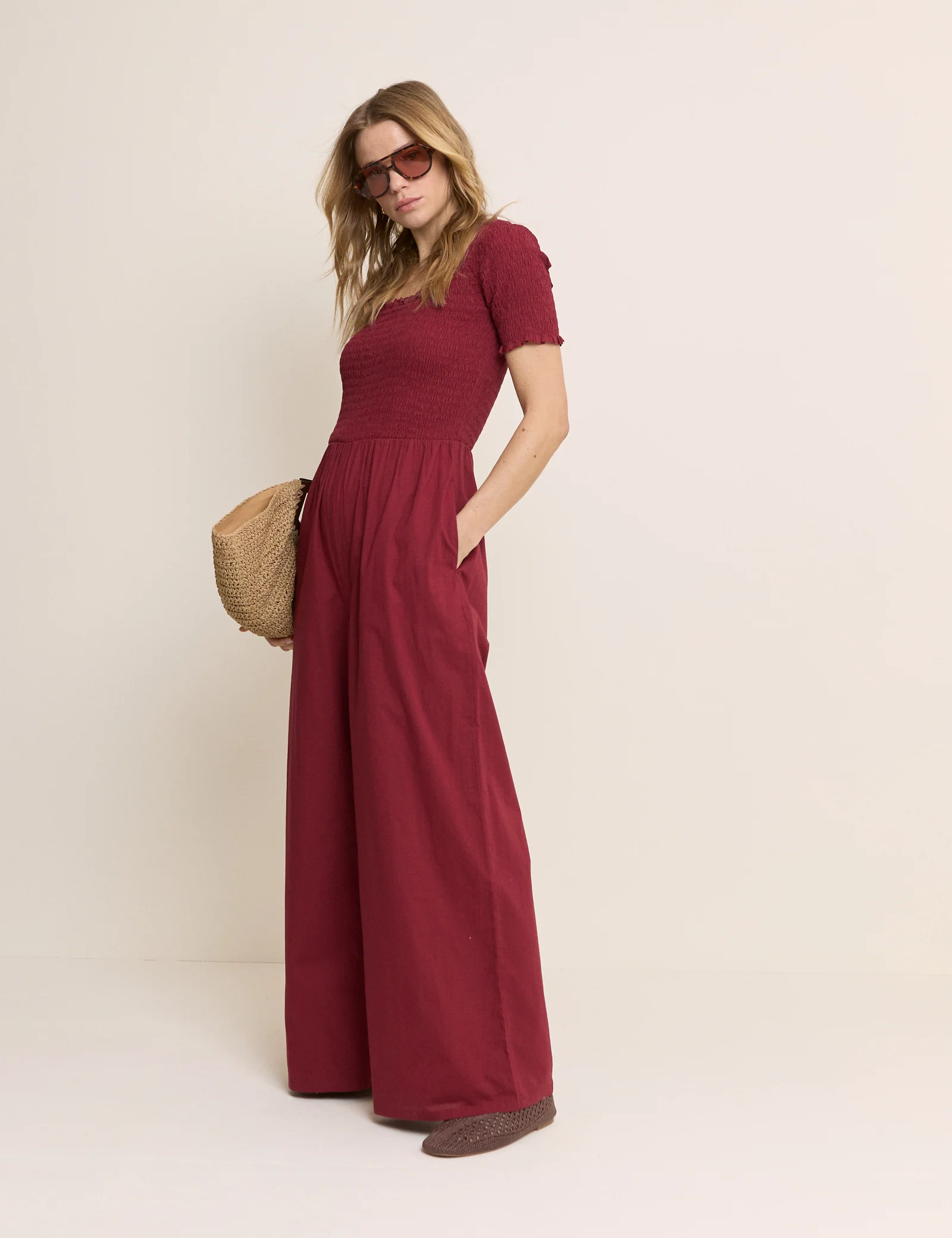 Red Shirred Wide Leg Zita Jumpsuit