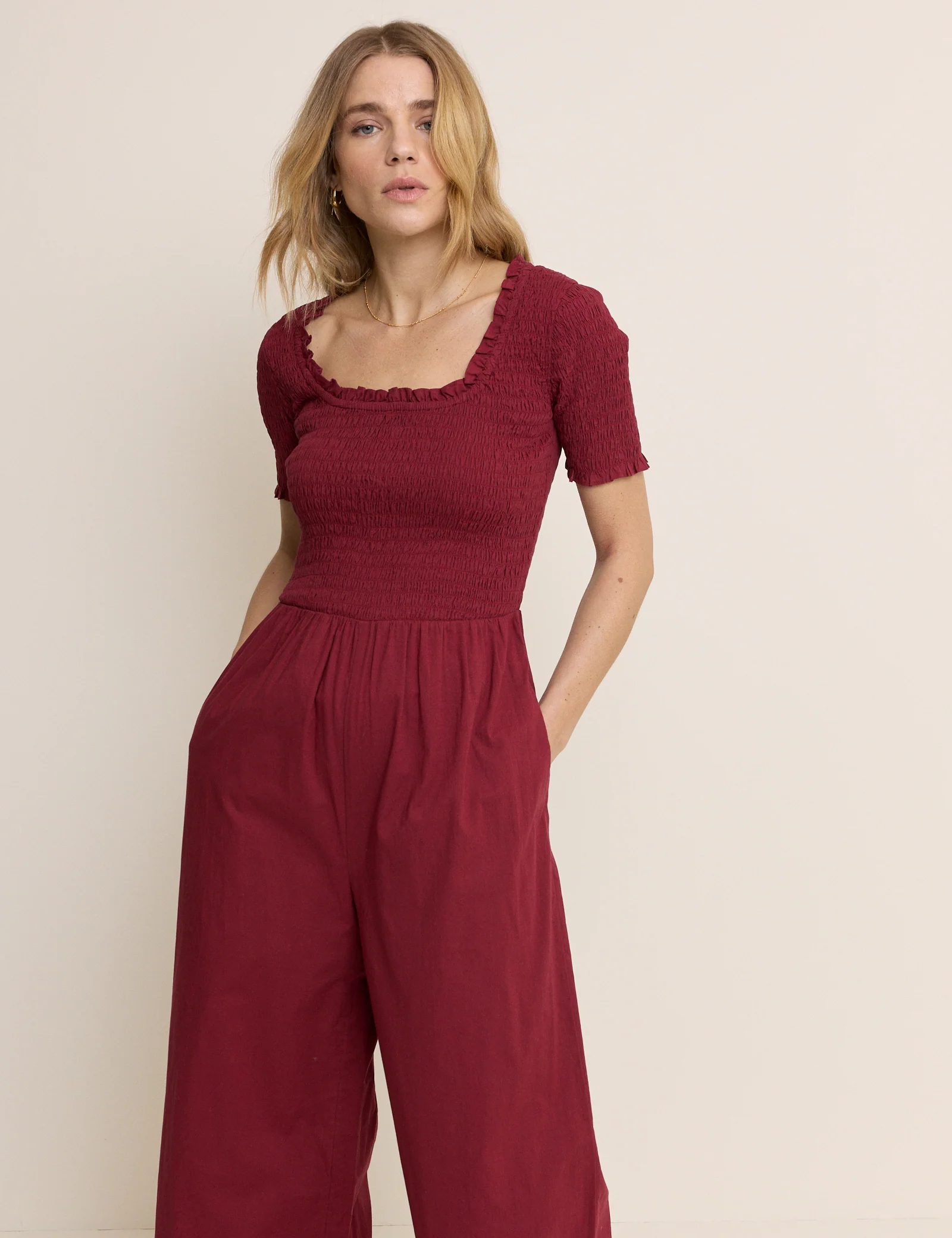 Red Shirred Wide Leg Zita Jumpsuit - Image 3