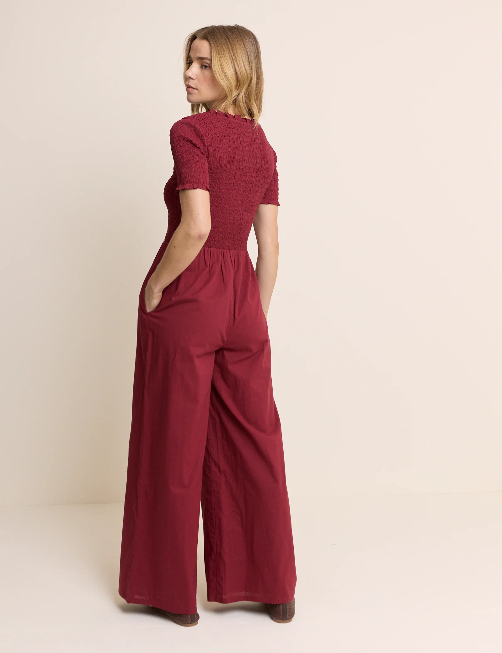 Red Shirred Wide Leg Zita Jumpsuit - Image 5