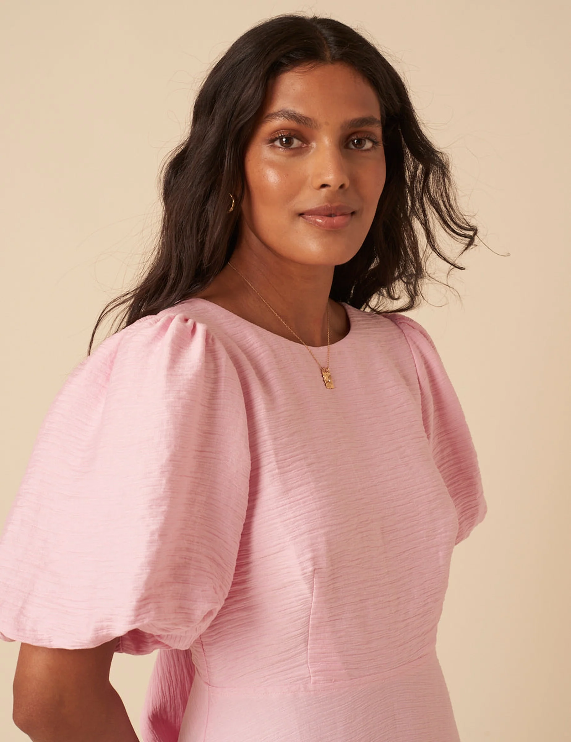Baby Pink Puff Sleeve Zola Midi Dress - Image 4