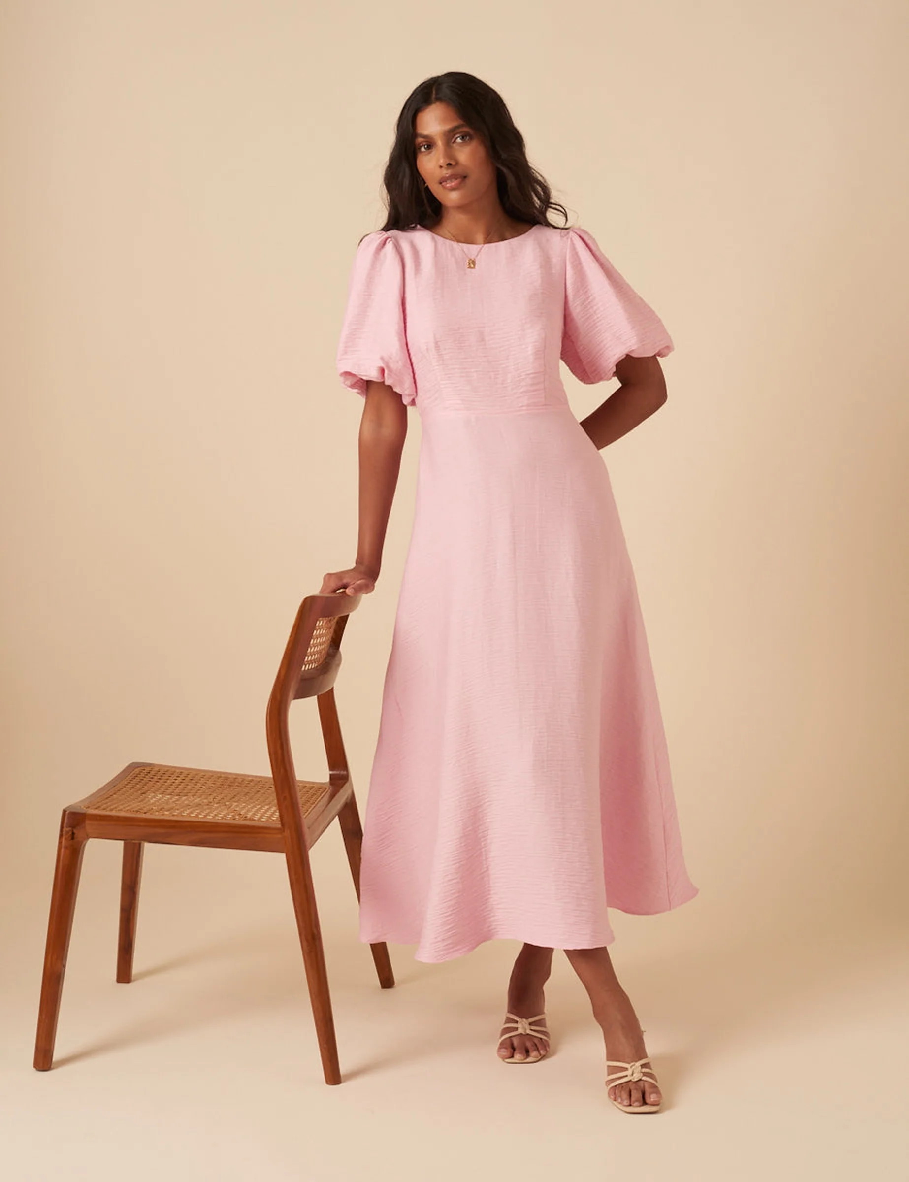 Baby Pink Puff Sleeve Zola Midi Dress - Image 5